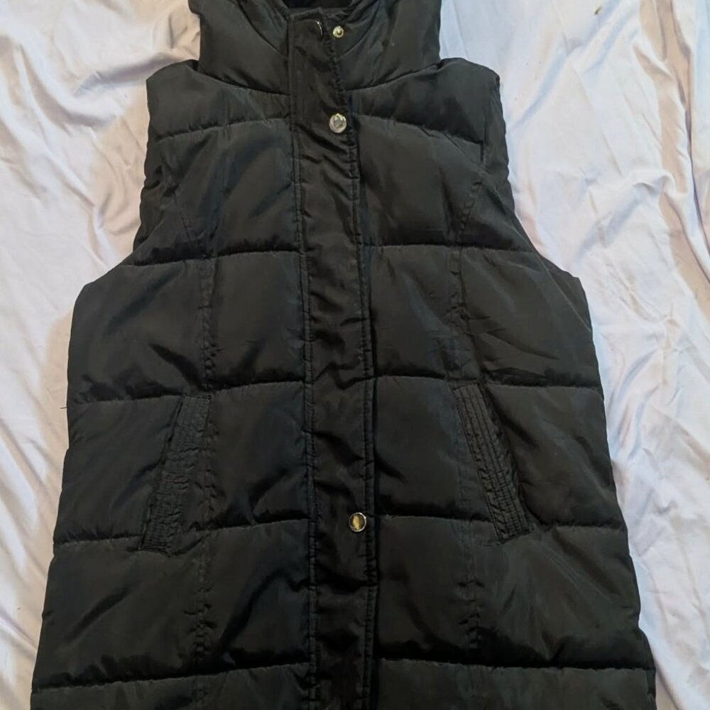 Black Winter Parka long Puffer hooded Vest, Black, XS